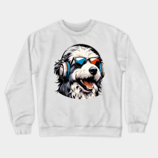 Polish Lowland Sheepdog Smiling DJ with Headphones Crewneck Sweatshirt